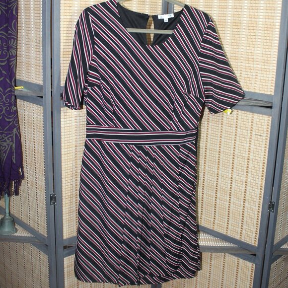 Downeast Deep Red, Black, & White Diagonal Striped Scoop Neck Dress - Picture 1 of 5